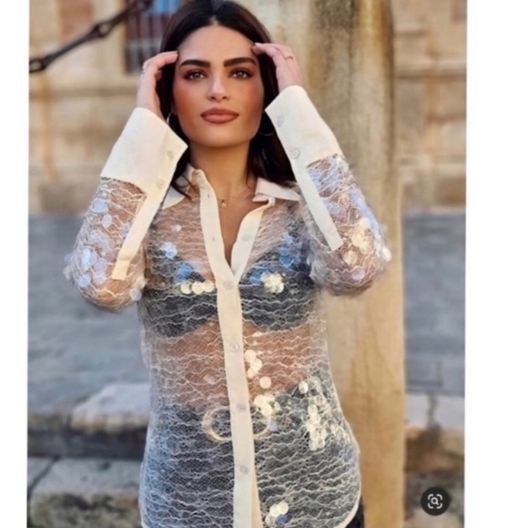 NWT ZARA beige SEMI-SHEER SEQUIN TOP - Picture 8 of 15